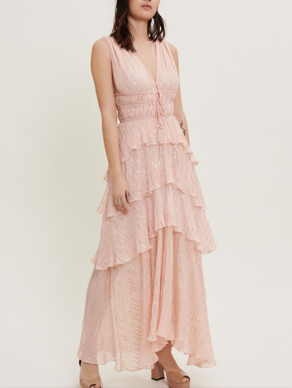 Maje Silk Blend Sleeveless Blush Peach Ruffled V-Neck Dress